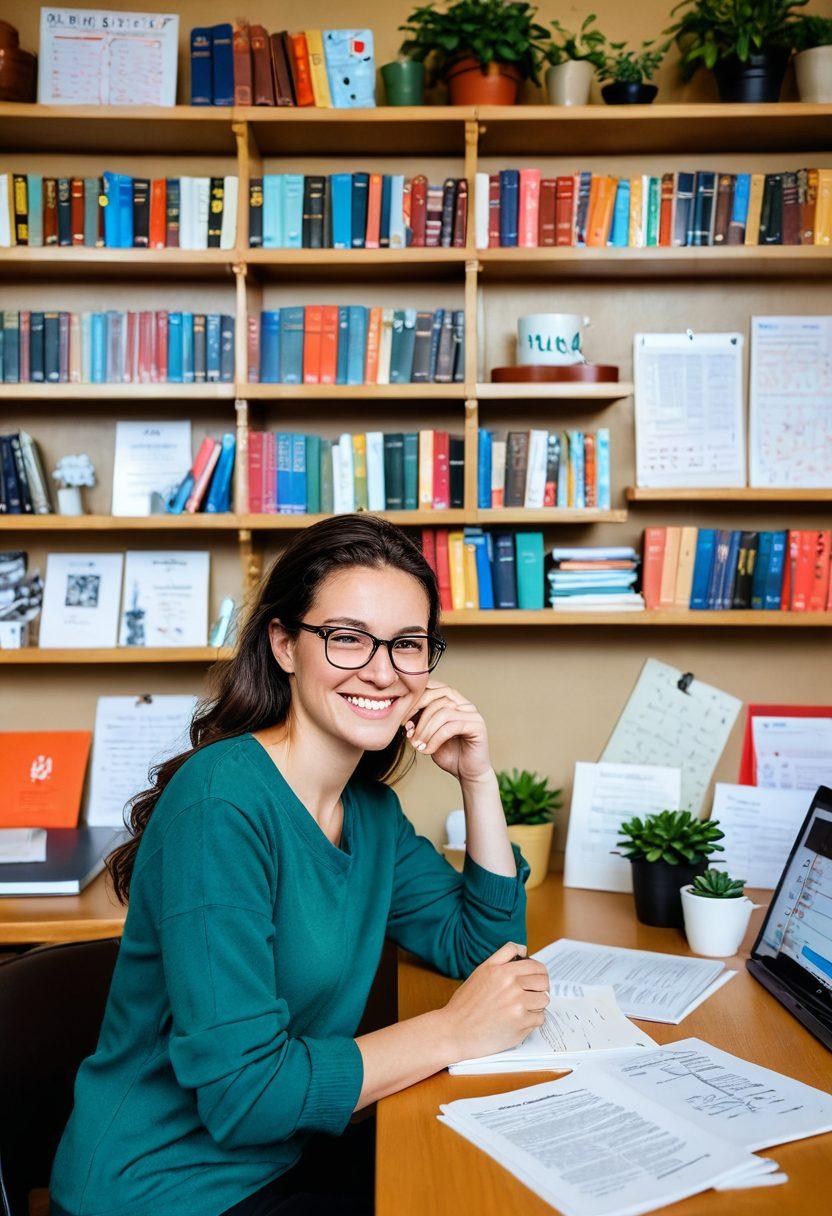 A joyful PhD student in a bright, cozy study filled with books and research papers, surrounded by colorful charts and graphs. The student is smiling while working at a desk, with a cup of coffee and a potted plant nearby. The atmosphere is warm and inviting, symbolizing a successful and fulfilling research journey. super-realistic. vibrant colors. cozy ambiance.