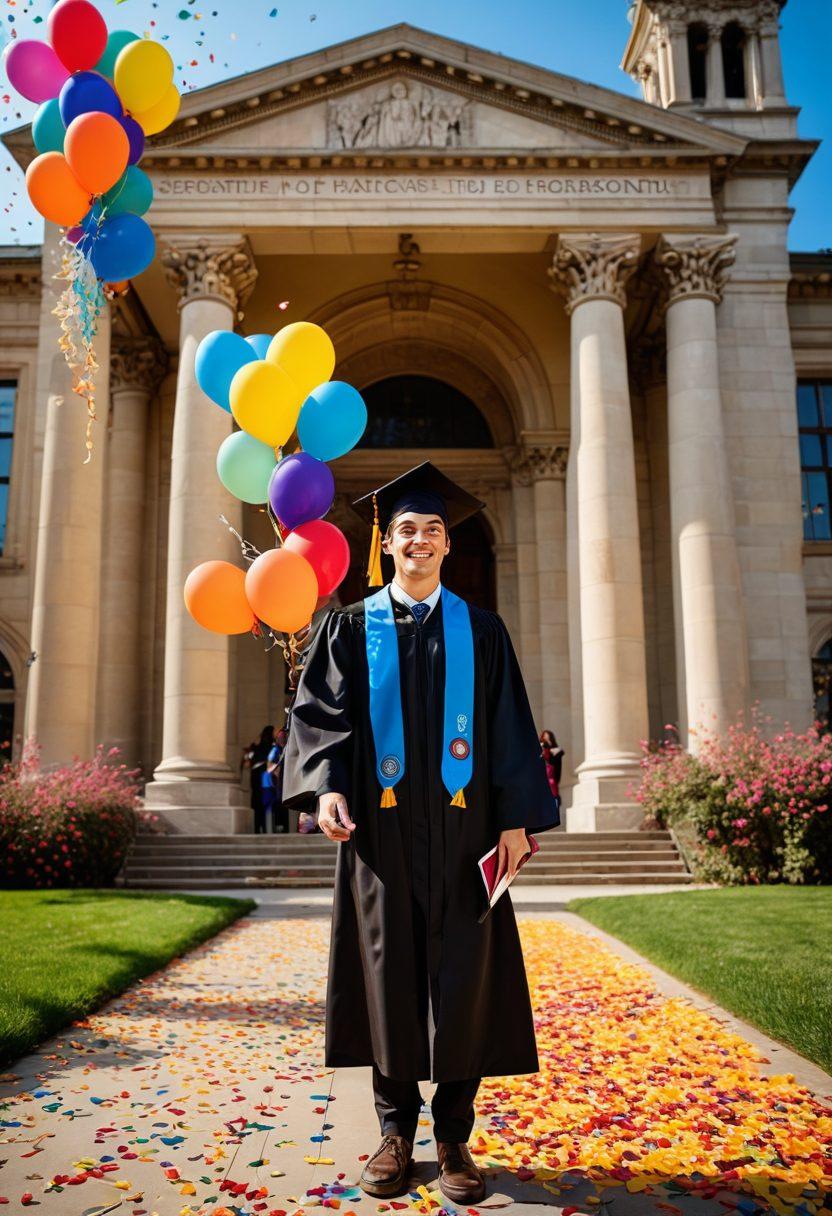 A joyful graduate holding a diploma against a backdrop of colorful balloons and confetti, surrounded by supportive friends celebrating. In the background, a majestic university building symbolizes academic success, and a bright sun casts a warm glow over the scene, reflecting the excitement of completing a PhD journey. The overall atmosphere is vibrant and uplifting. super-realistic. vibrant colors.