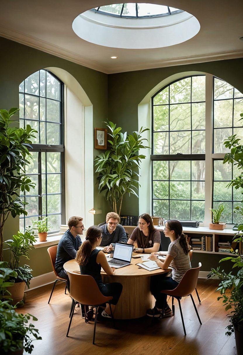 A serene study environment showcasing a diverse group of doctoral students engaged in passionate discussions at a circular table, surrounded by books, laptops, and plants. Soft light filtering through large windows suggests a peaceful yet stimulating atmosphere. Include elements like a chalkboard filled with ideas, coffee cups, and motivational quotes on the walls. Emphasize a sense of collaboration and intellectual growth. super-realistic. warm colors. inviting ambiance.